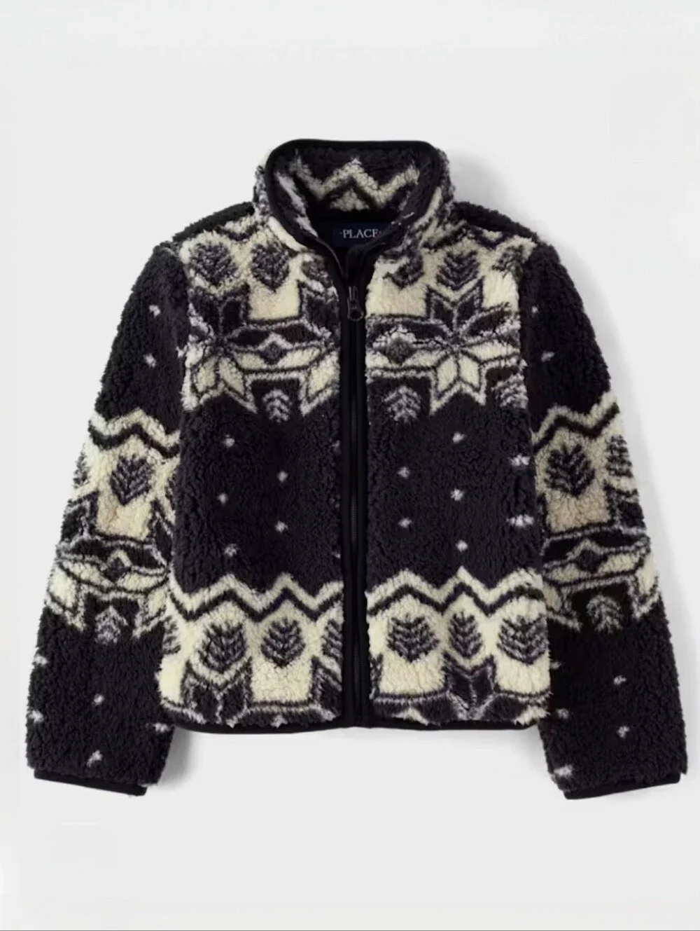 The Children's Place Fair Isle Pattern Print Sherpa Zip Jacket Black Cream XS 4